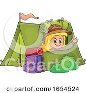Girl Camping And Waving From Her Tent