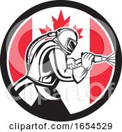 Retro Woodcut Sandblaster Worker In A Canadian Flag Circle
