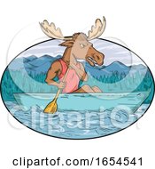 Poster, Art Print Of Moose Paddling Canoe Drawing Oval