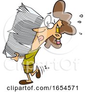Cartoon White Business Woman Carrying A Heavy Stack Of Paperwork