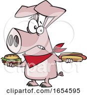 Cartoon Pig Holding A Hot Dog And Cheeseburger