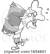 Cartoon Lineart Business Woman Carrying A Heavy Stack Of Paperwork