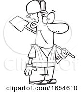 Poster, Art Print Of Cartoon Outline Black Construction Worker Man With A Shovel