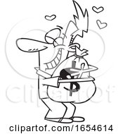 Poster, Art Print Of Cartoon Outline Man Hugging A Money Bag