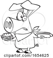 Cartoon Lineart Pig Holding A Hot Dog And Cheeseburger by toonaday