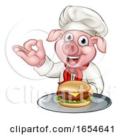 Cartoon Pig Chef Holding Burger by AtStockIllustration
