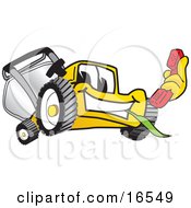 Yellow Lawn Mower Mascot Cartoon Character Holding A Red Telephone