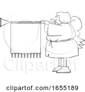 Poster, Art Print Of Cartoon Black And White Female Christmas Angel Blowing A Horn With A Banner