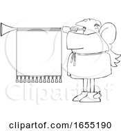 Cartoon Black And White Male Christmas Angel Blowing A Horn With A Banner