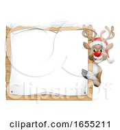 Poster, Art Print Of Reindeer In Santa Claus Hat Christmas Sign Cartoon
