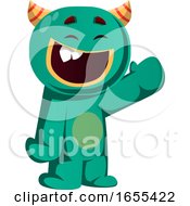 Poster, Art Print Of Happy Green Monster Is Waving To You Vector Illustration