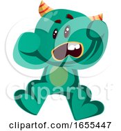 Poster, Art Print Of Green Monster Is Surprised And Scared Vector Illustration