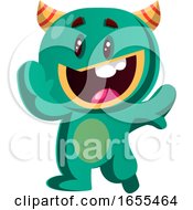 Happy Green Monster Waving Vector Illustration