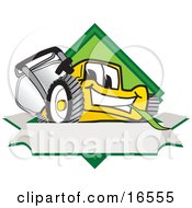 Yellow Lawn Mower Mascot Cartoon Character Facing Front On A Diamond Shaped Logo With A Blank White Banner
