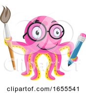 Poster, Art Print Of Artistic Octopus With Pencil And Brush In Hand Illustration Vector
