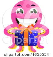Poster, Art Print Of Pink Octopus With A Present Illustration Vector