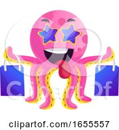 Poster, Art Print Of Pink Octopus With Shoping Bags Illustration Vector