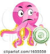 Poster, Art Print Of Pink Octopus Holding A Target Illustration Vector
