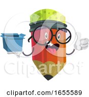 Red Pencil Holding Blue Box And Sticking His Tongue Out Illustration Vector