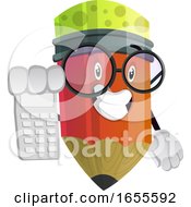 Poster, Art Print Of Red Pencil Holding Calculator In His Right Hand Illustration Vector