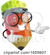 Poster, Art Print Of Happy Pencil Is Pointing At Something With Both Hands Illustration Vector