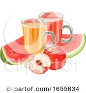 Poster, Art Print Of Vector Of Apple And Watermelon Fruit With Juice