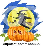 Poster, Art Print Of Vector Of Halloween Pumpkin And Flying Witch Against Moonlight