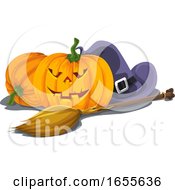 Poster, Art Print Of Vector Of Halloween Pumpkin With Witch Hat And Broomstick