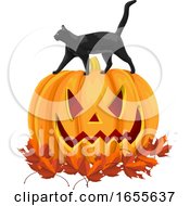 Poster, Art Print Of Vector Of Black Cat On Pumpkin With Autumn Leaves