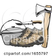 Pot With Hiking Boots A Knife And Axe by Vector Tradition SM