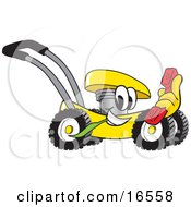 Yellow Lawn Mower Mascot Cartoon Character Passing By With A Red Telephone