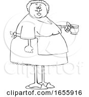 Cartoon Lineart Woman Wearing An Apron And Holding A Tea Cup
