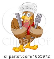 Poster, Art Print Of Chicken Chef Rooster Cockerel Knife Fork Cartoon