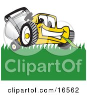 Yellow Lawn Mower Mascot Cartoon Character Smiling And Chewing On Grass