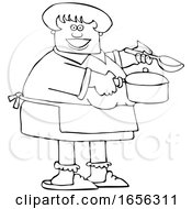 Poster, Art Print Of Cartoon Happy Black And White Woman Holding A Spoon And Soup Pot