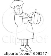 Poster, Art Print Of Cartoon Black And White Woman Holding And Looking At A Pumpkin