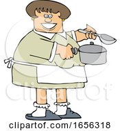 Poster, Art Print Of Cartoon Happy Caucasian Woman Holding A Spoon And Soup Pot