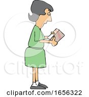 Cartoon Caucasian Woman Reading Ingredients On A Boxed Product