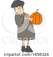 Poster, Art Print Of Cartoon Caucasian Woman Holding And Looking At A Pumpkin