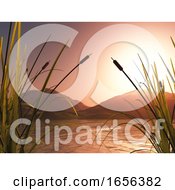 Poster, Art Print Of 3d Landscape With Reeds Against Sunset Mountains