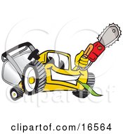 Yellow Lawn Mower Mascot Cartoon Character Holding Up A Saw