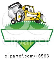 Yellow Lawn Mower Mascot Cartoon Character On A Triangle Logo With A White Label