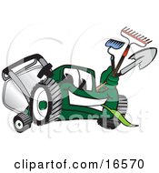 Clipart Picture Of A Green Lawn Mower Mascot Cartoon Character Carrying Garden Tools by Mascot Junction #COLLC16570-0015