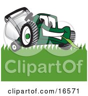 Green Lawn Mower Mascot Cartoon Character Facing Front And Eating Grass