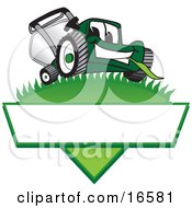 Clipart Picture Of A Green Lawn Mower Mascot Cartoon Character On A Logo by Mascot Junction #COLLC16581-0015