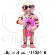 Gay Bald Man In Fetish Outfit Holding A Pink Question Mark by Steve Young