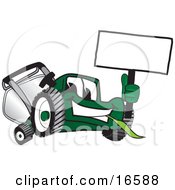 Poster, Art Print Of Green Lawn Mower Mascot Cartoon Character Waving A Blank Sign