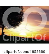 Poster, Art Print Of 3d Child Sat Under A Tree Against A Sunset Landscape