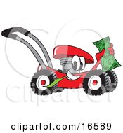Poster, Art Print Of Red Lawn Mower Mascot Cartoon Character Passing By And Carrying A Dollar Bill