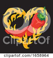 Red Hot Chili Pepper In A Flaming Heart Over Black by Any Vector
